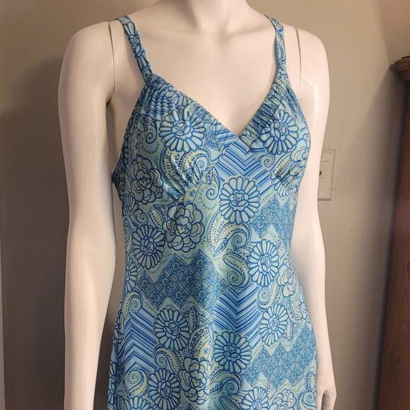 Vintage 90s Batik Slip Dress Aqua Floral Adjustable Straps Sz L Y2K Indie Trippy - Picture 2 of 10